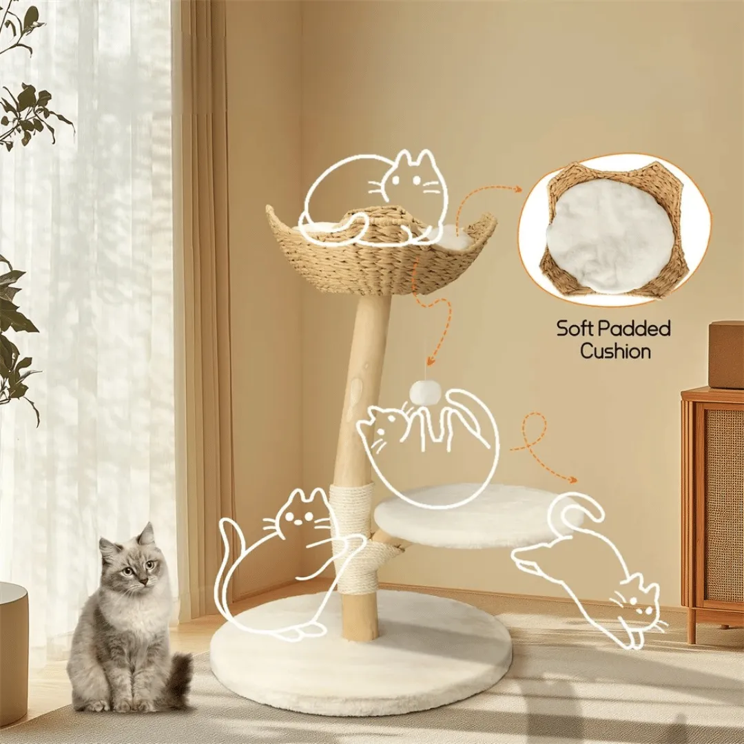 Solid Wood Cat Tree Tower with Plush Perch, Baskets & Scratching Post