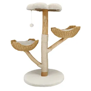 Solid Wood Cat Tree Tower with Plush Perch, Baskets & Scratching Post