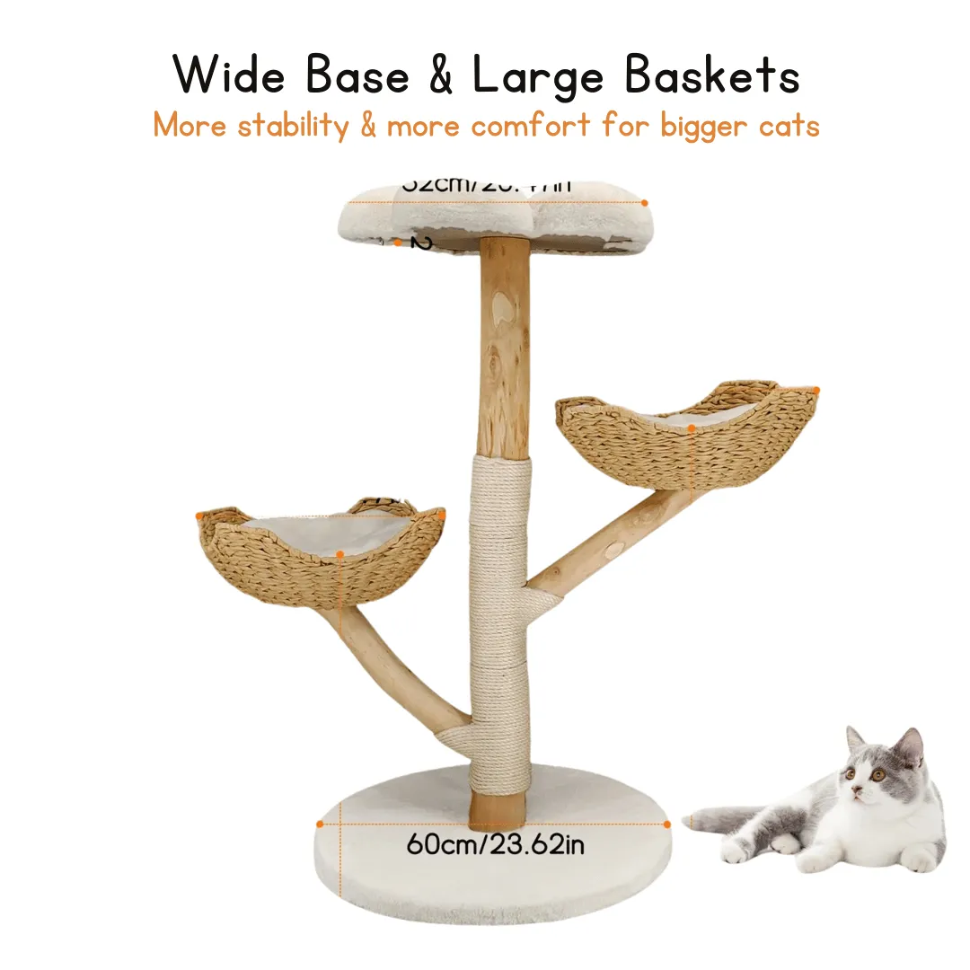 Solid Wood Cat Tree Tower with Plush Perch, Baskets & Scratching Post