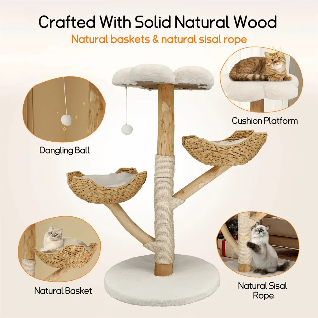 Solid Wood Cat Tree Tower with Plush Perch, Baskets & Scratching Post