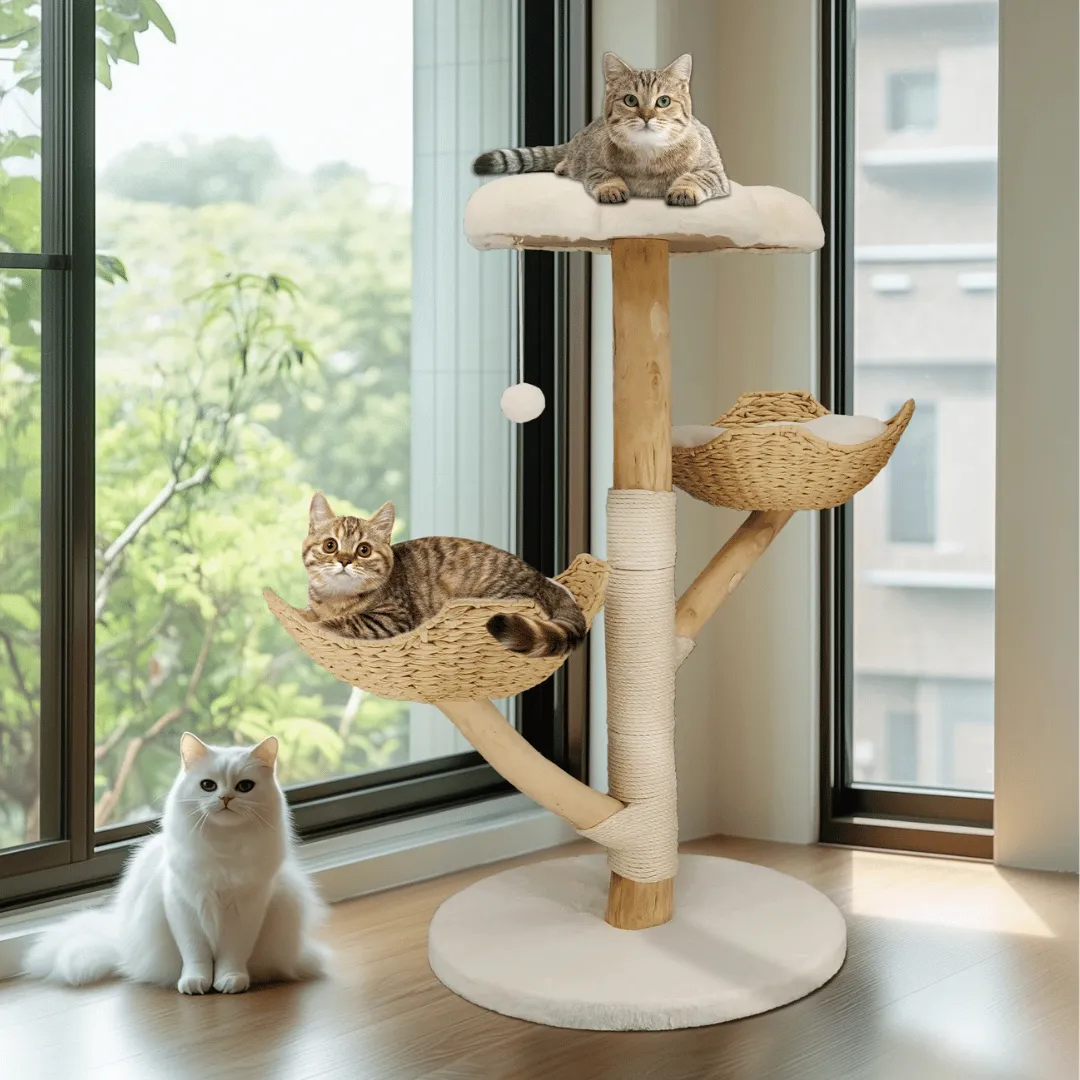 Solid Wood Cat Tree Tower with Plush Perch, Baskets & Scratching Post