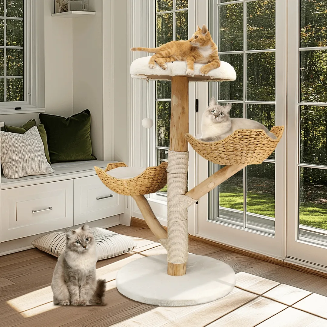 Solid Wood Cat Tree Tower with Plush Perch, Baskets & Scratching Post
