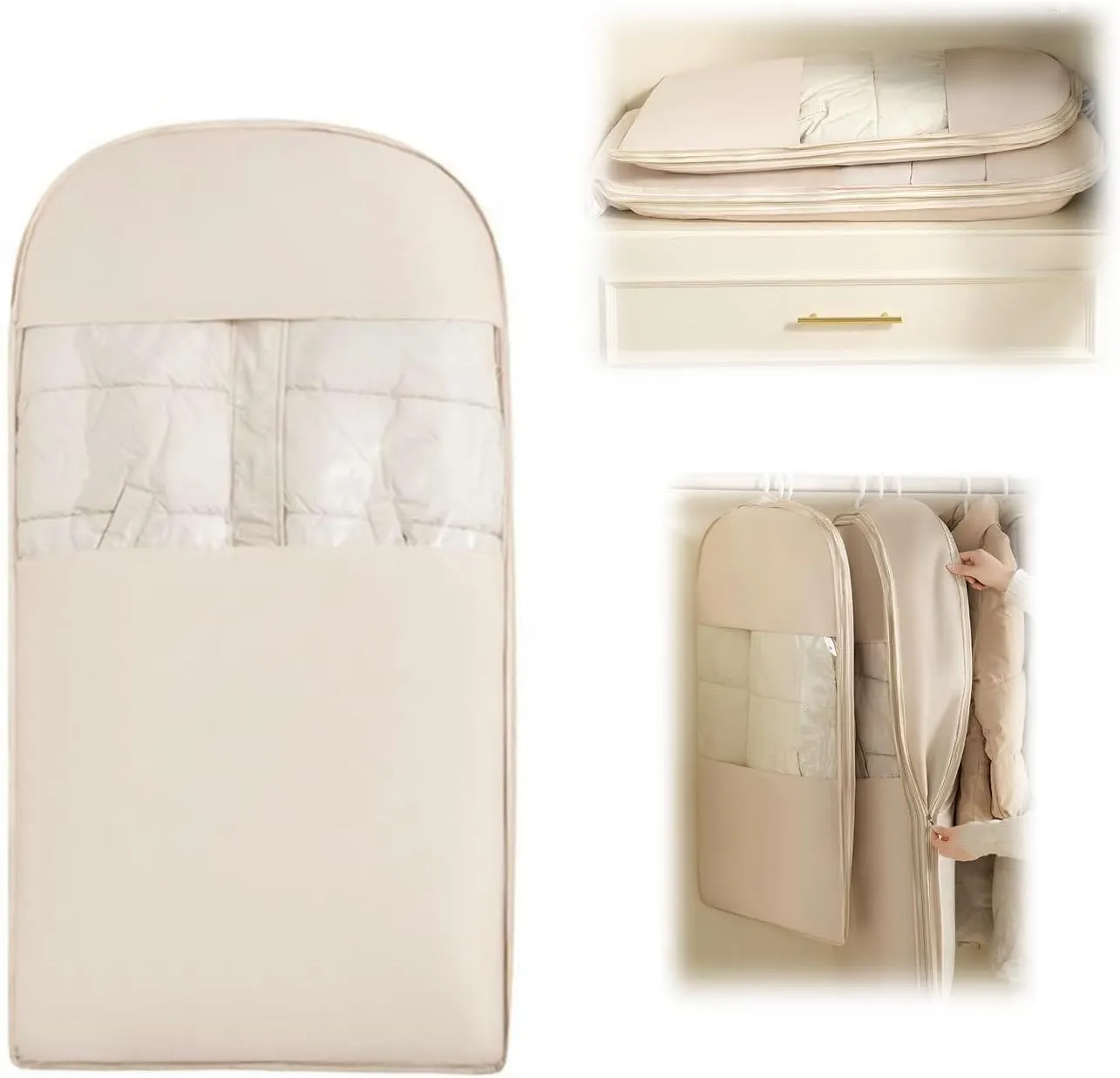 Space Saving Hanging Garment Bag with Self Compression Zipper, 2025 New Space Saver Clothes Storage Organizer, Dust Cover Clothes Bags for Down Coat Suit Dress or Jacket (Beige, L)