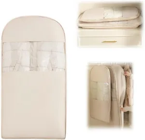 Space Saving Hanging Garment Bag with Self Compression Zipper, 2025 New Space Saver Clothes Storage Organizer, Dust Cover Clothes Bags for Down Coat Suit Dress or Jacket (Beige, L)