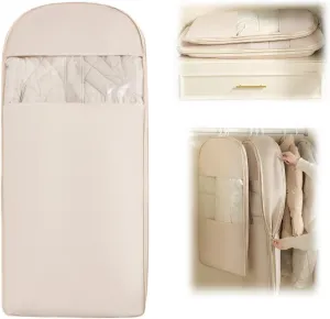 Space Saving Hanging Garment Bag with Self Compression Zipper, 2025 New Space Saver Clothes Storage Organizer, Dust Cover Clothes Bags for Down Coat Suit Dress or Jacket (Beige, XL)