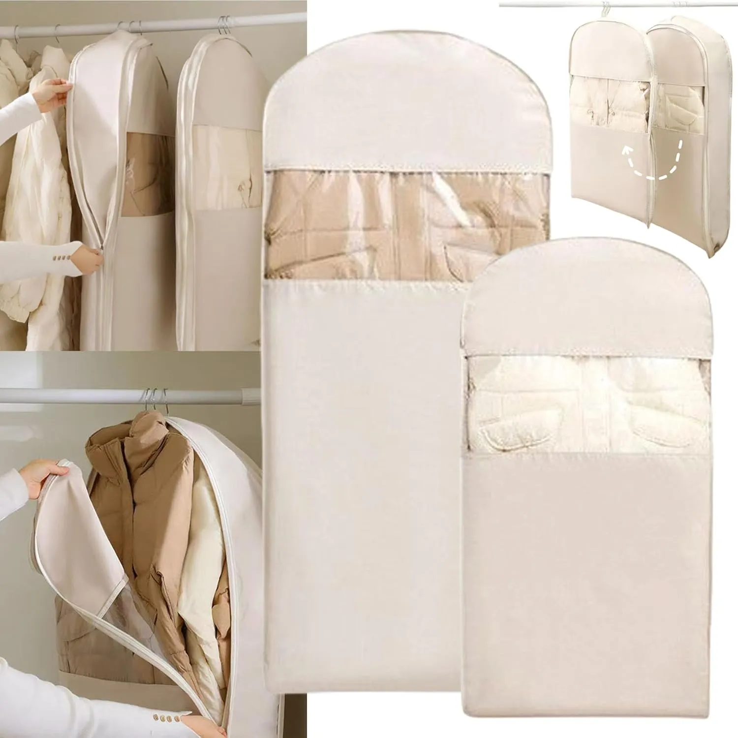 Space Saving Hanging Garment Bag with Self Compression Zipper, Space Saver Closet Organizers for Down Coat Suit, Suit Bags for Closet Storage Garment Bags for Travel (Beige - L XL)