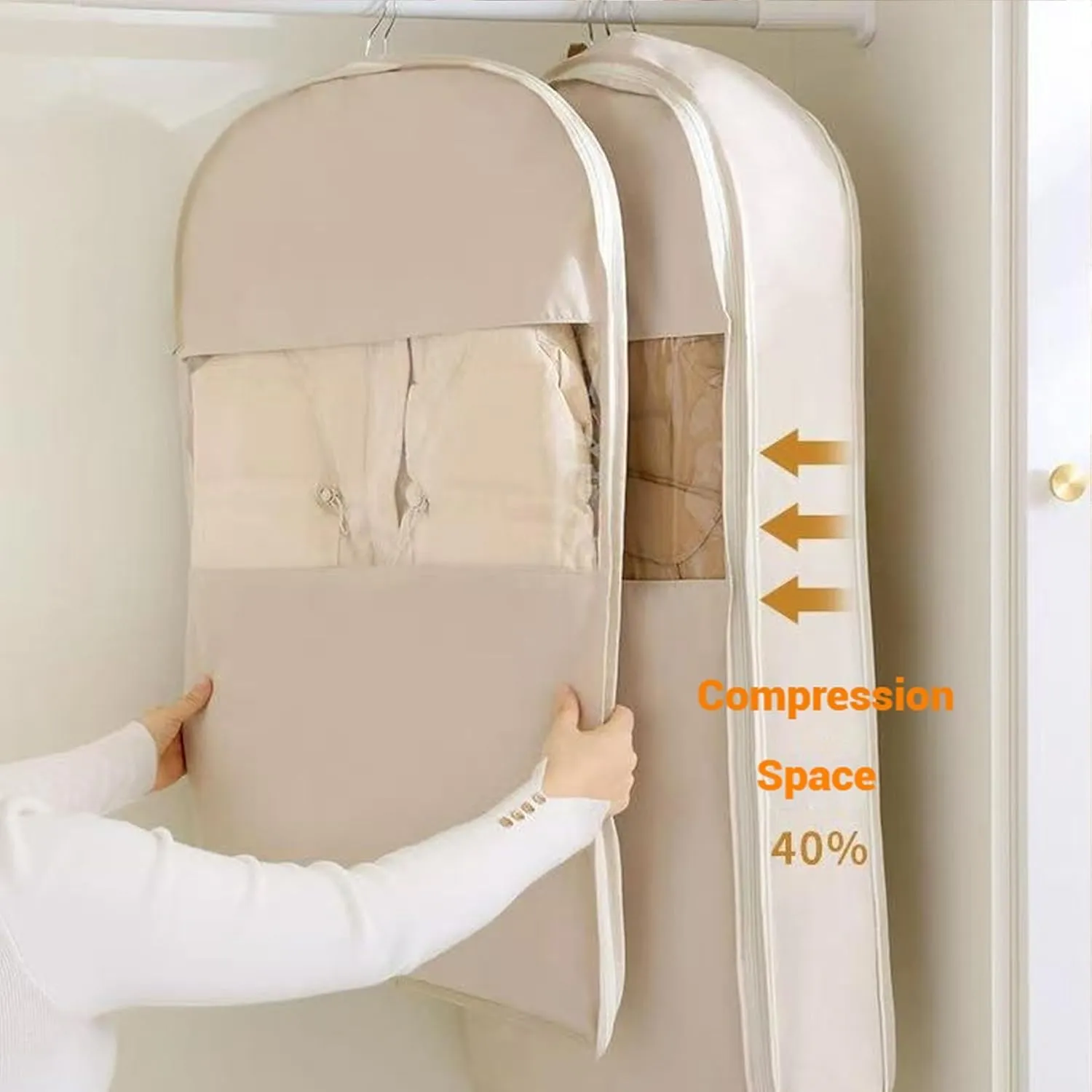Space Saving Hanging Garment Bag with Self Compression Zipper, Space Saver Closet Organizers for Down Coat Suit, Suit Bags for Closet Storage Garment Bags for Travel (Beige - M XL)