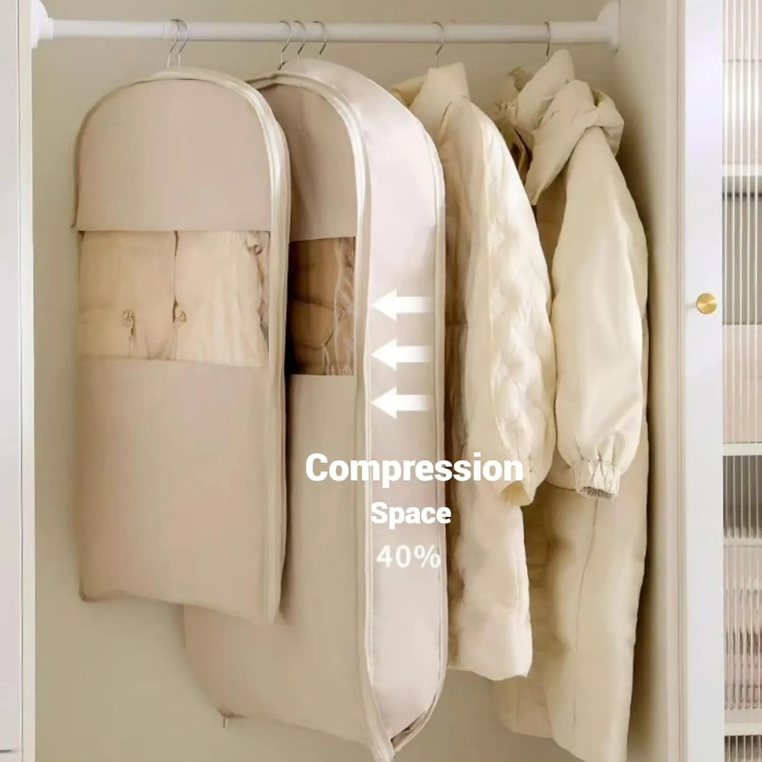 Space Saving Hanging Garment Bag with Self Compression Zipper, Space Saver Closet Organizers for Down Coat Suit, Suit Bags for Closet Storage Garment Bags for Travel (Beige - M XL)