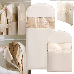 Space Saving Hanging Garment Bag with Self Compression Zipper, Space Saver Closet Organizers for Down Coat Suit, Suit Bags for Closet Storage Garment Bags for Travel (Beige - M XL)