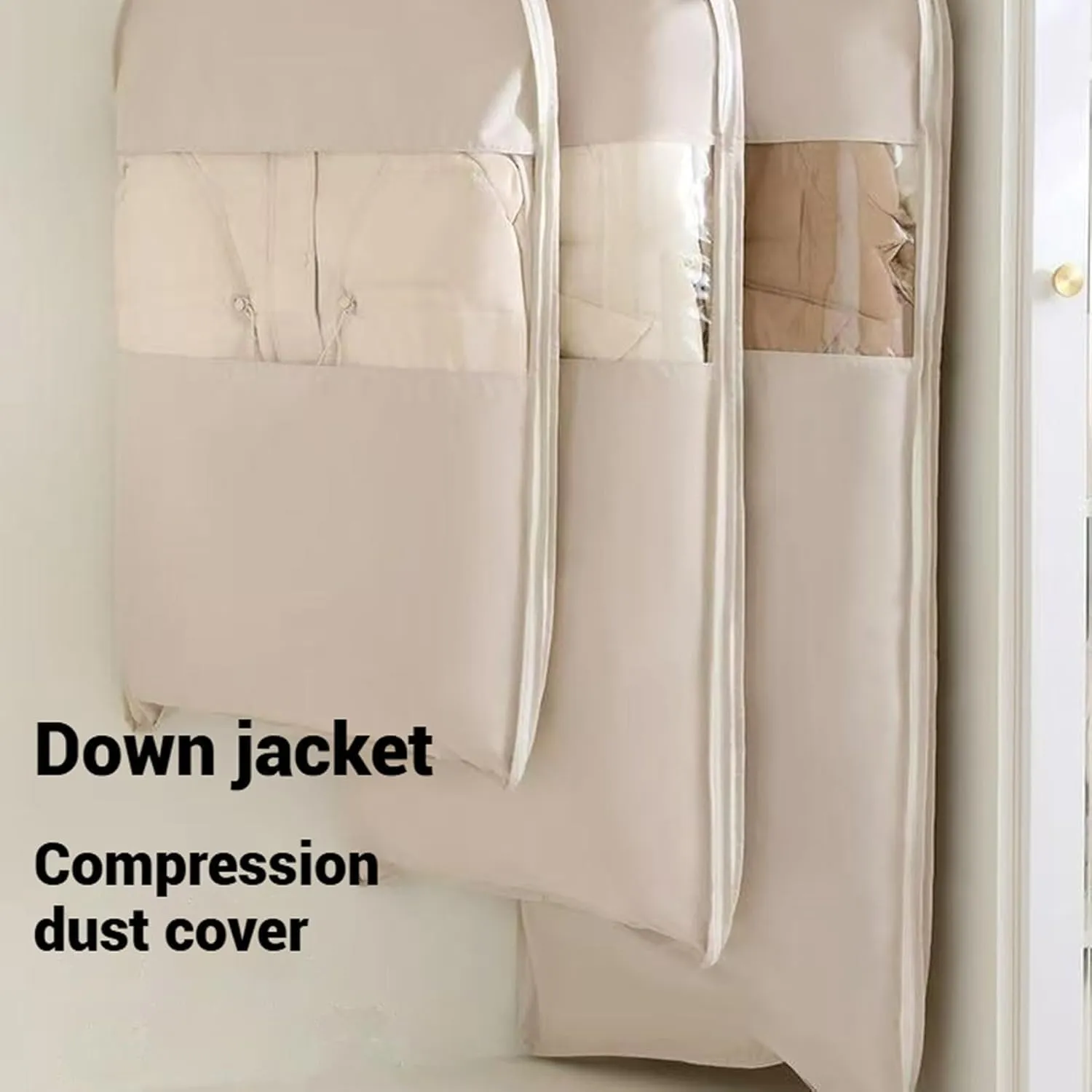 Space Saving Hanging Garment Bag with Self Compression Zipper, Space Saver Closet Organizers for Down Coat Suit, Suit Bags for Closet Storage Garment Bags for Travel (Beige - M XL)