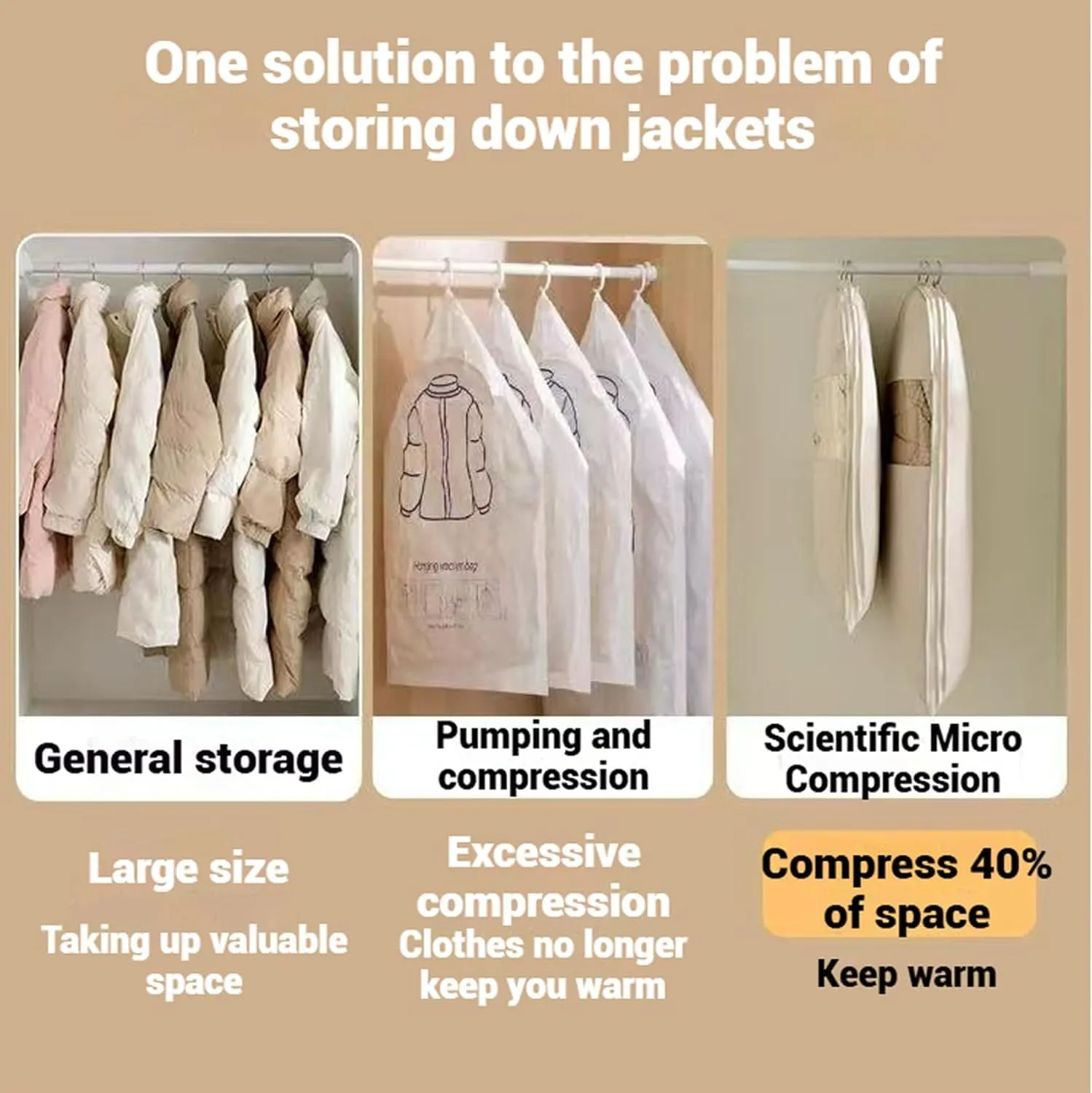 Space Saving Hanging Garment Bag with Self Compression Zipper, Space Saver Closet Organizers for Down Coat Suit, Suit Bags for Closet Storage Garment Bags for Travel (Beige - M XL)