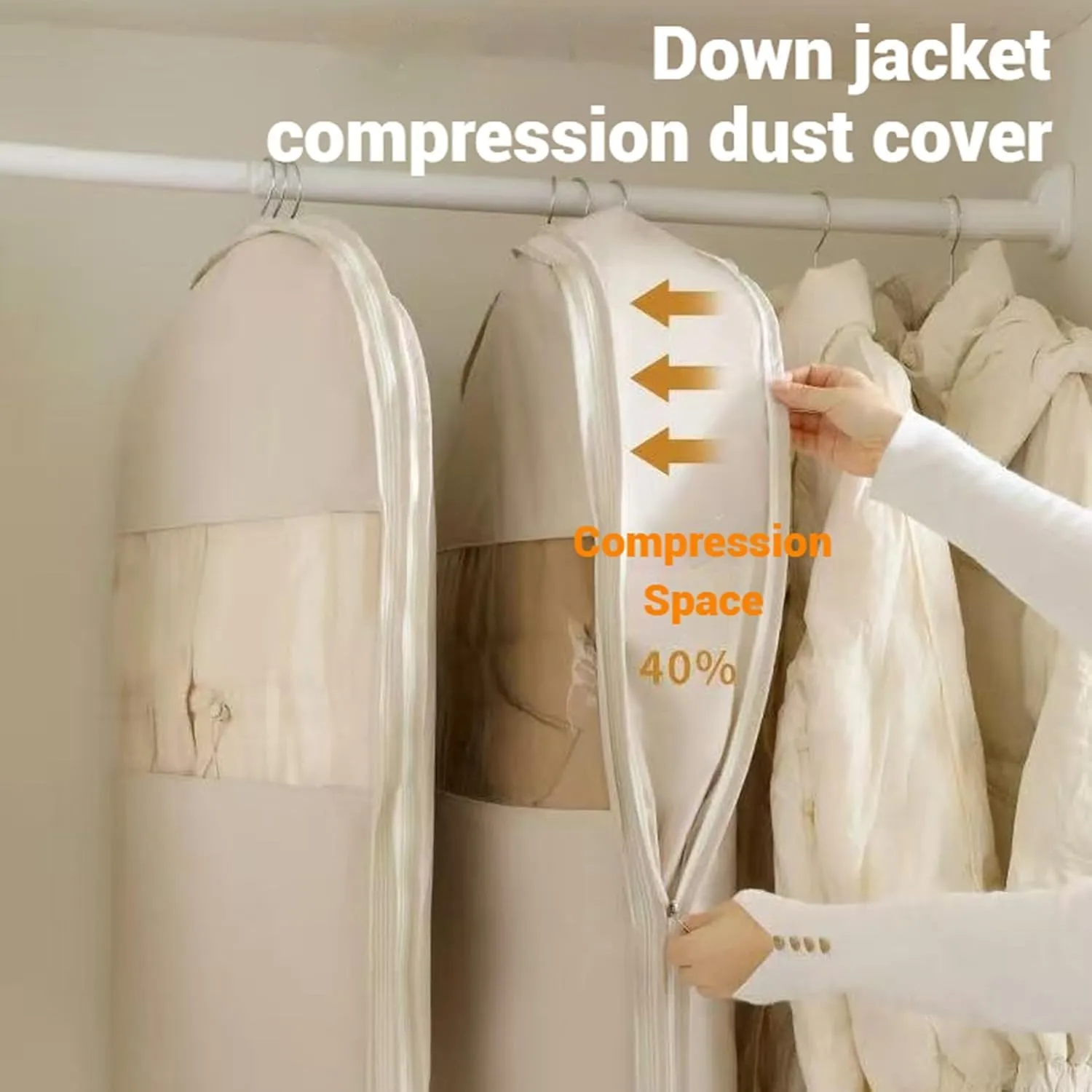 Space Saving Hanging Garment Bag with Self Compression Zipper, Space Saver Closet Organizers for Down Coat Suit, Suit Bags for Closet Storage Garment Bags for Travel (Beige - M XL)