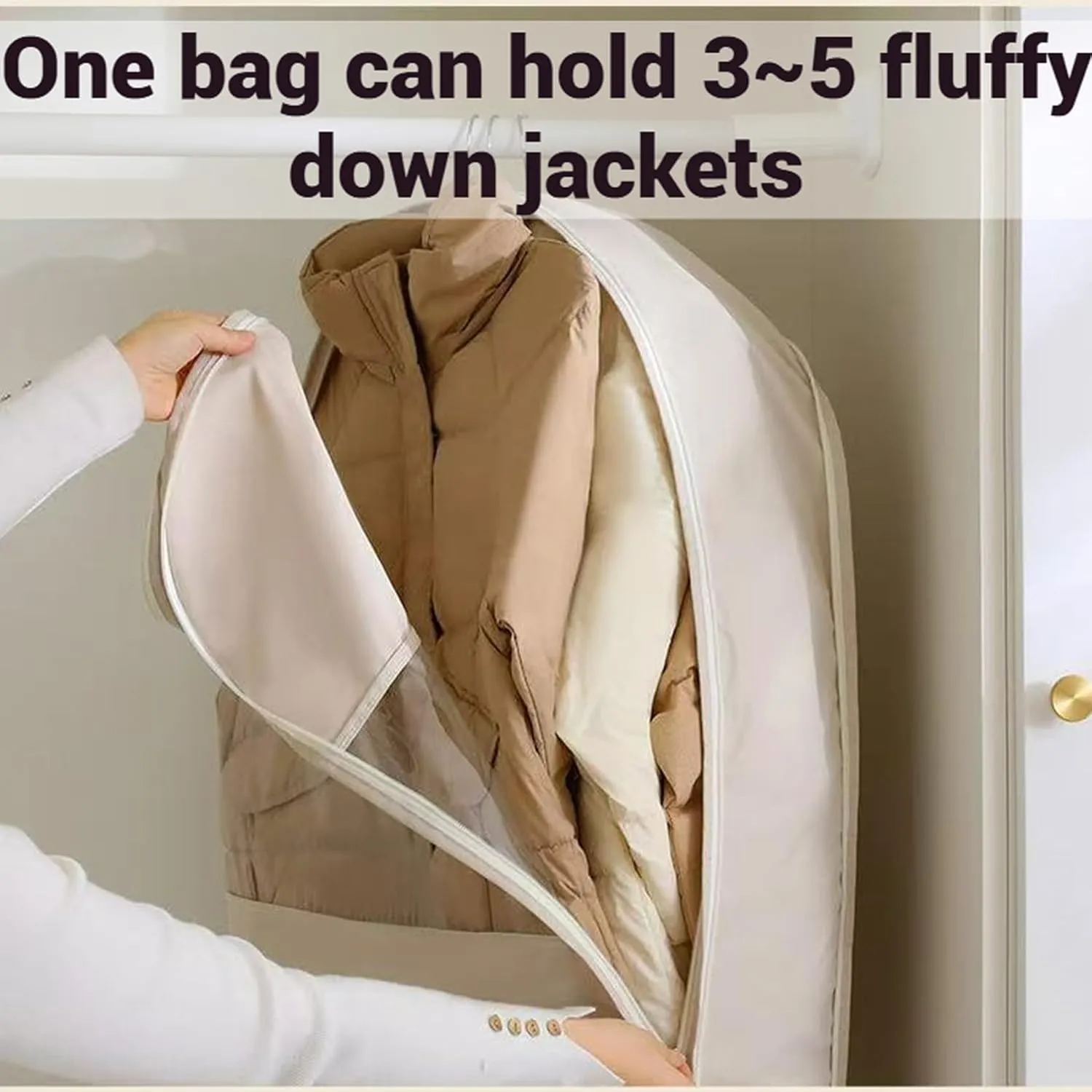 Space Saving Hanging Garment Bag with Self Compression Zipper, Space Saver Closet Organizers for Down Coat Suit, Suit Bags for Closet Storage Garment Bags for Travel (Beige - M XL)
