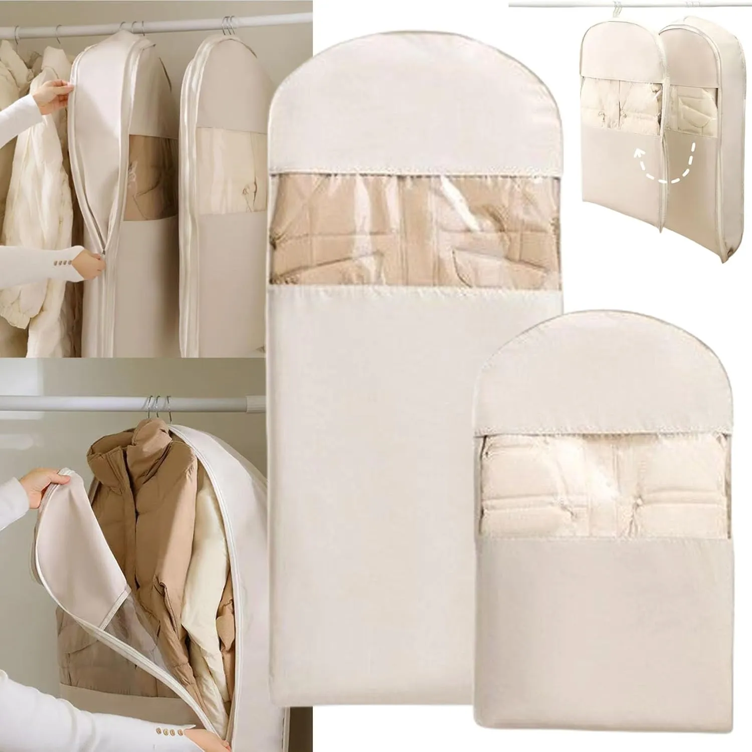 Space Saving Hanging Garment Bag with Self Compression Zipper, Space Saver Closet Organizers for Down Coat Suit, Suit Bags for Closet Storage Garment Bags for Travel (Beige - M XL)