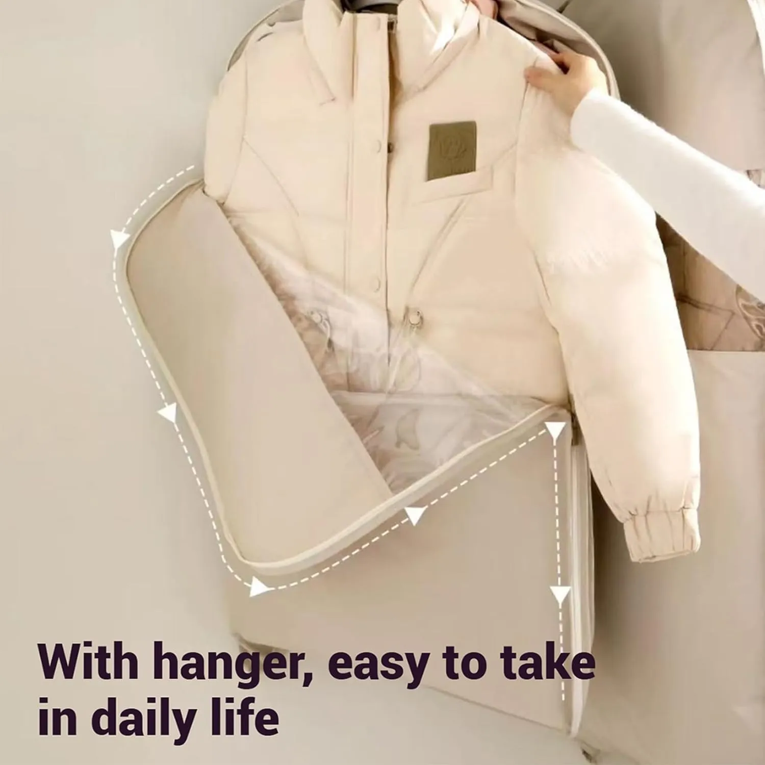 Space Saving Hanging Garment Bag with Self Compression Zipper, Space Saver Closet Organizers for Down Coat Suit, Suit Bags for Closet Storage Garment Bags for Travel (Beige - M XL)