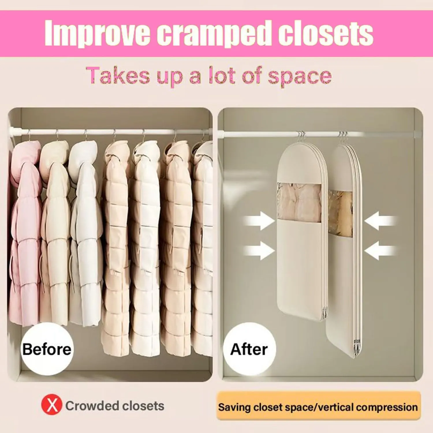 Space Saving Hanging Garment Bag with Self Compression ZipperSpace Saver Coat Storage Bag, Closet Storage Organizer, Dust Cover Wrinkle-Free Coat Bags for Down Jackets Suits Dresses (Pink,L)