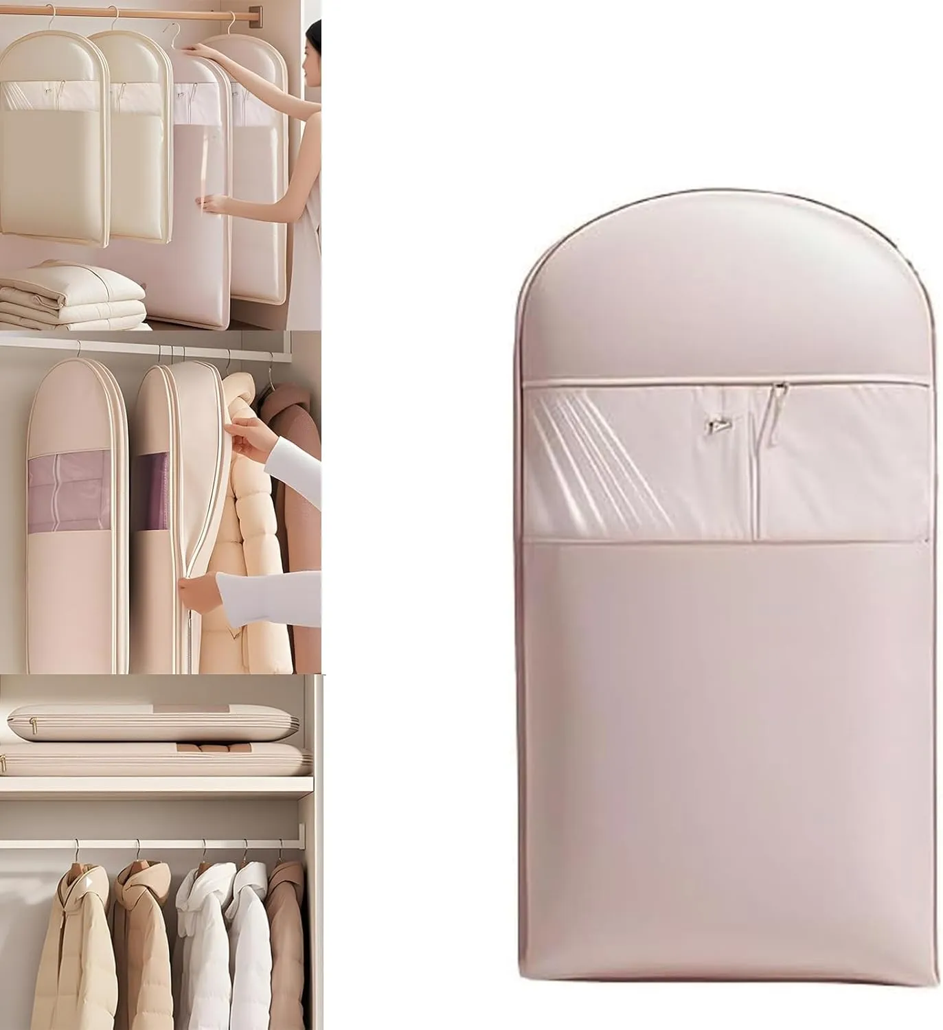 Space Saving Hanging Garment Bag with Self Compression ZipperSpace Saver Coat Storage Bag, Closet Storage Organizer, Dust Cover Wrinkle-Free Coat Bags for Down Jackets Suits Dresses (Pink,L)