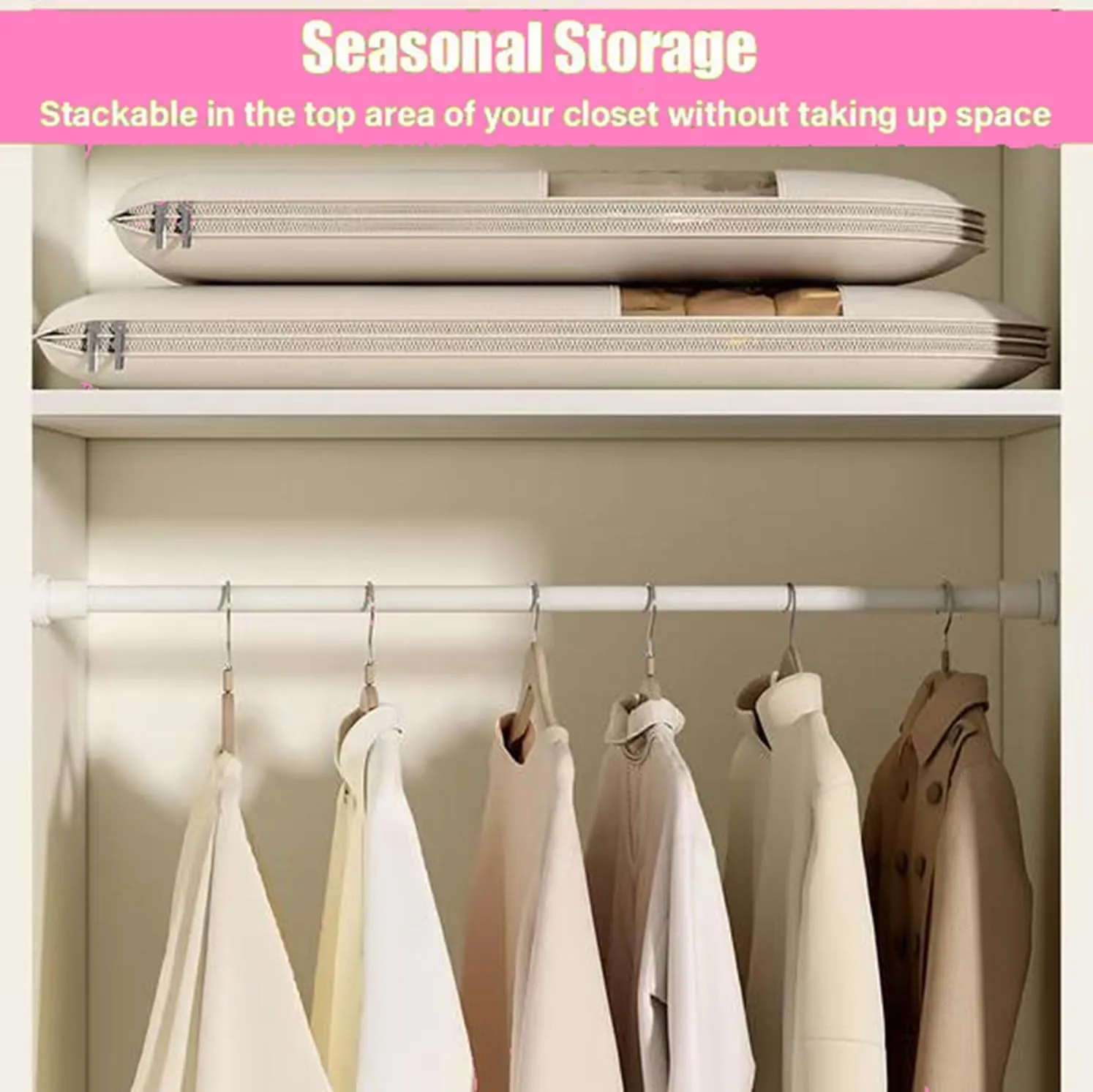 Space Saving Hanging Garment Bag with Self Compression ZipperSpace Saver Coat Storage Bag, Closet Storage Organizer, Dust Cover Wrinkle-Free Coat Bags for Down Jackets Suits Dresses (Pink,L)