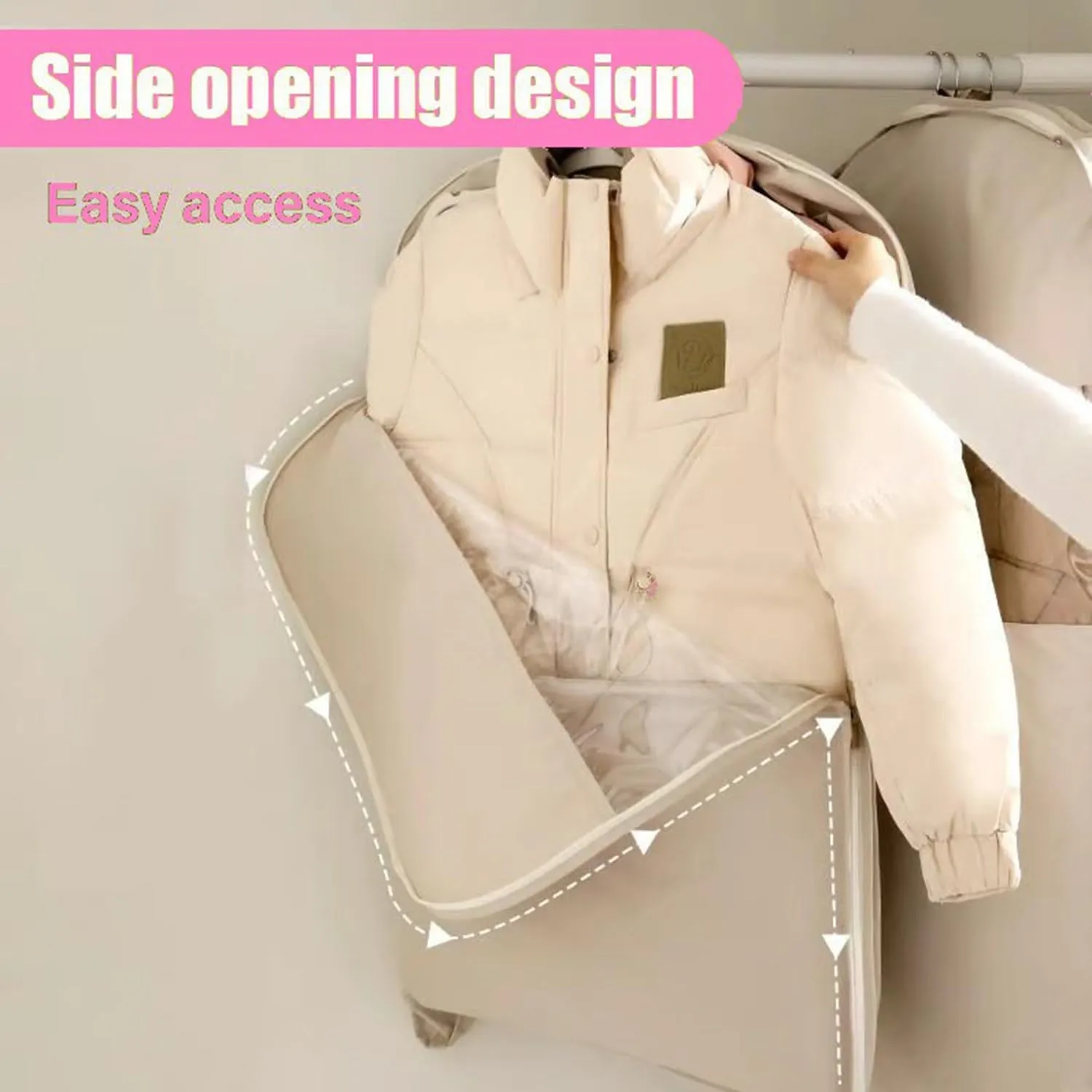 Space Saving Hanging Garment Bag with Self Compression ZipperSpace Saver Coat Storage Bag, Closet Storage Organizer, Dust Cover Wrinkle-Free Coat Bags for Down Jackets Suits Dresses (Pink,L)