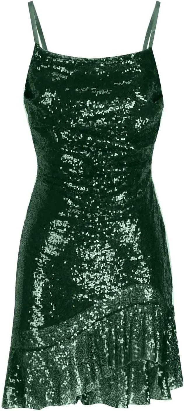 Sparkly Party Dress for Women Sexy Spaghetti Strap Mini Dresses Ruffle Glitter Sling Going Out Short