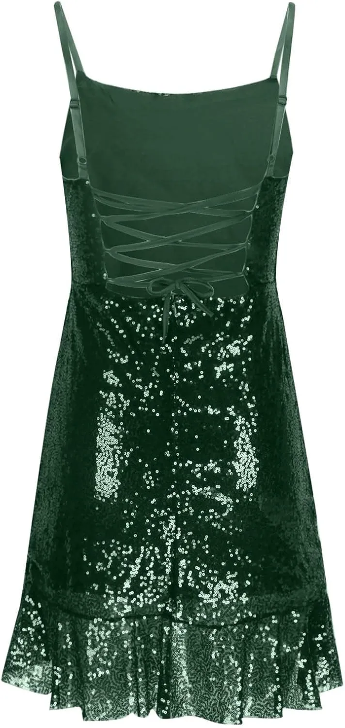 Sparkly Party Dress for Women Sexy Spaghetti Strap Mini Dresses Ruffle Glitter Sling Going Out Short