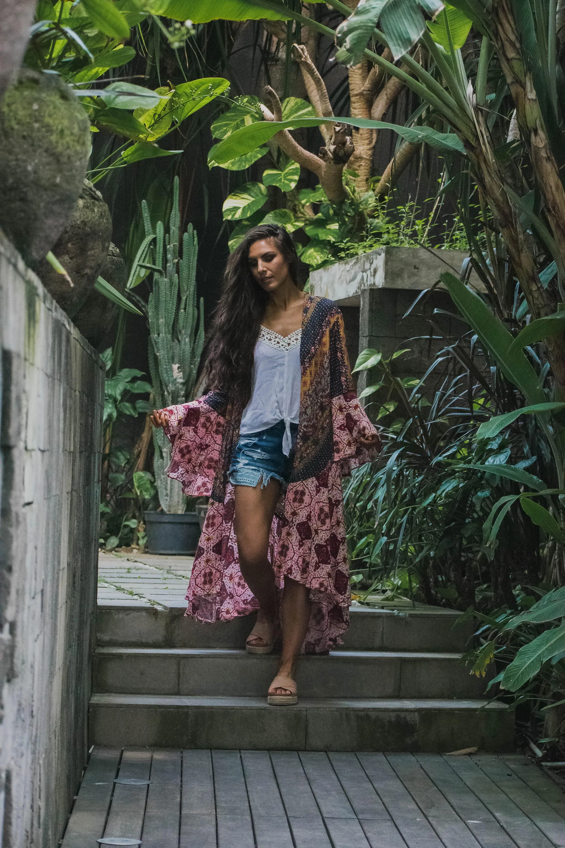 Sparrow Patchwork Ruffled Boho Kimono Duster - Berry