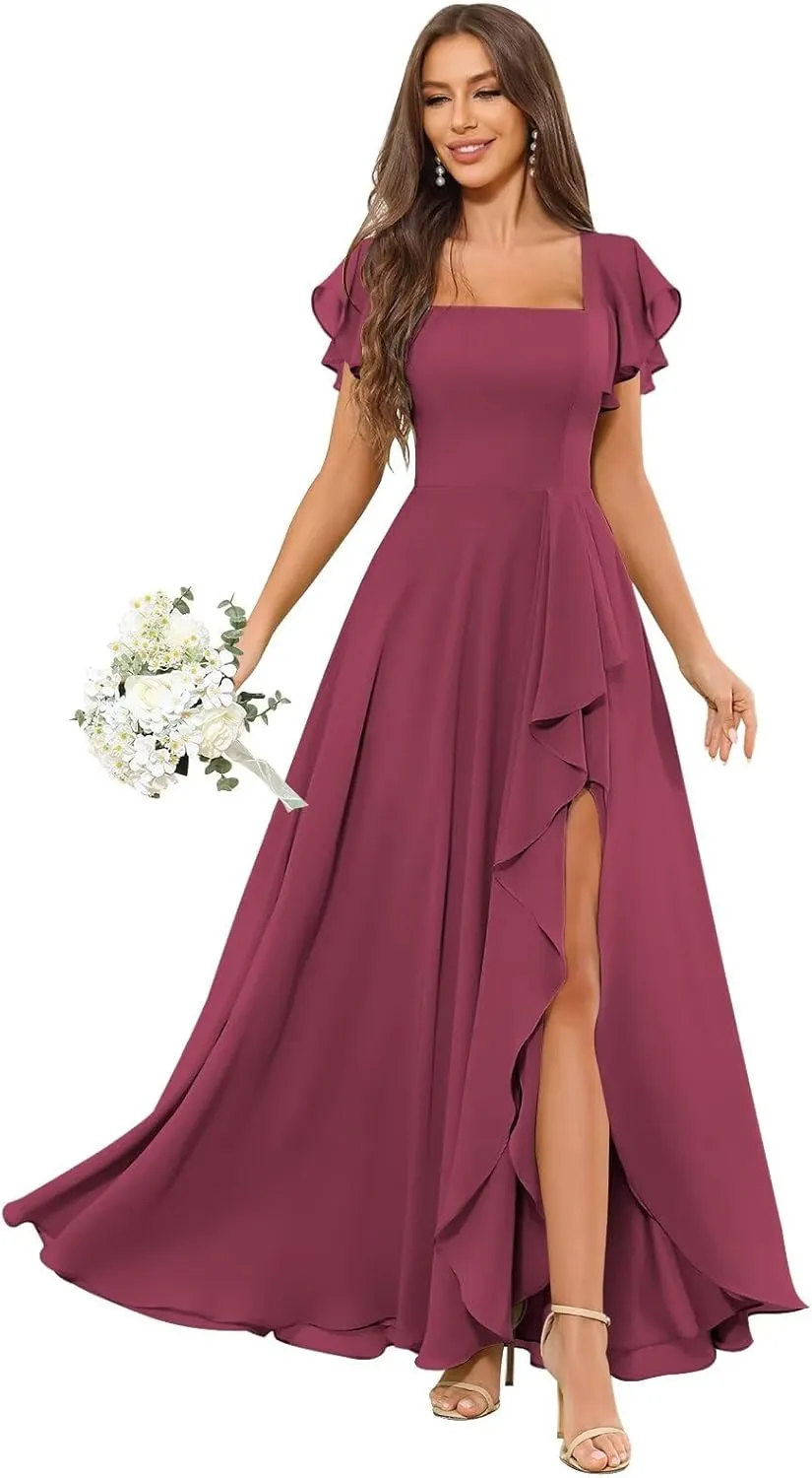 Square Neck Chiffon Bridesmaid Dress with Slit Ruffle Short Sleeve Long Formal Evening Gowns