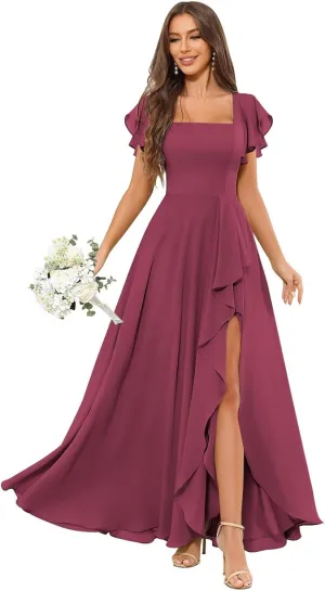 Square Neck Chiffon Bridesmaid Dress with Slit Ruffle Short Sleeve Long Formal Evening Gowns