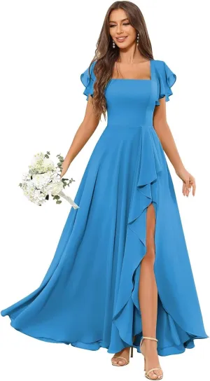 Square Neck Chiffon Bridesmaid Dress with Slit Ruffle Short Sleeve Long Formal Evening Gowns