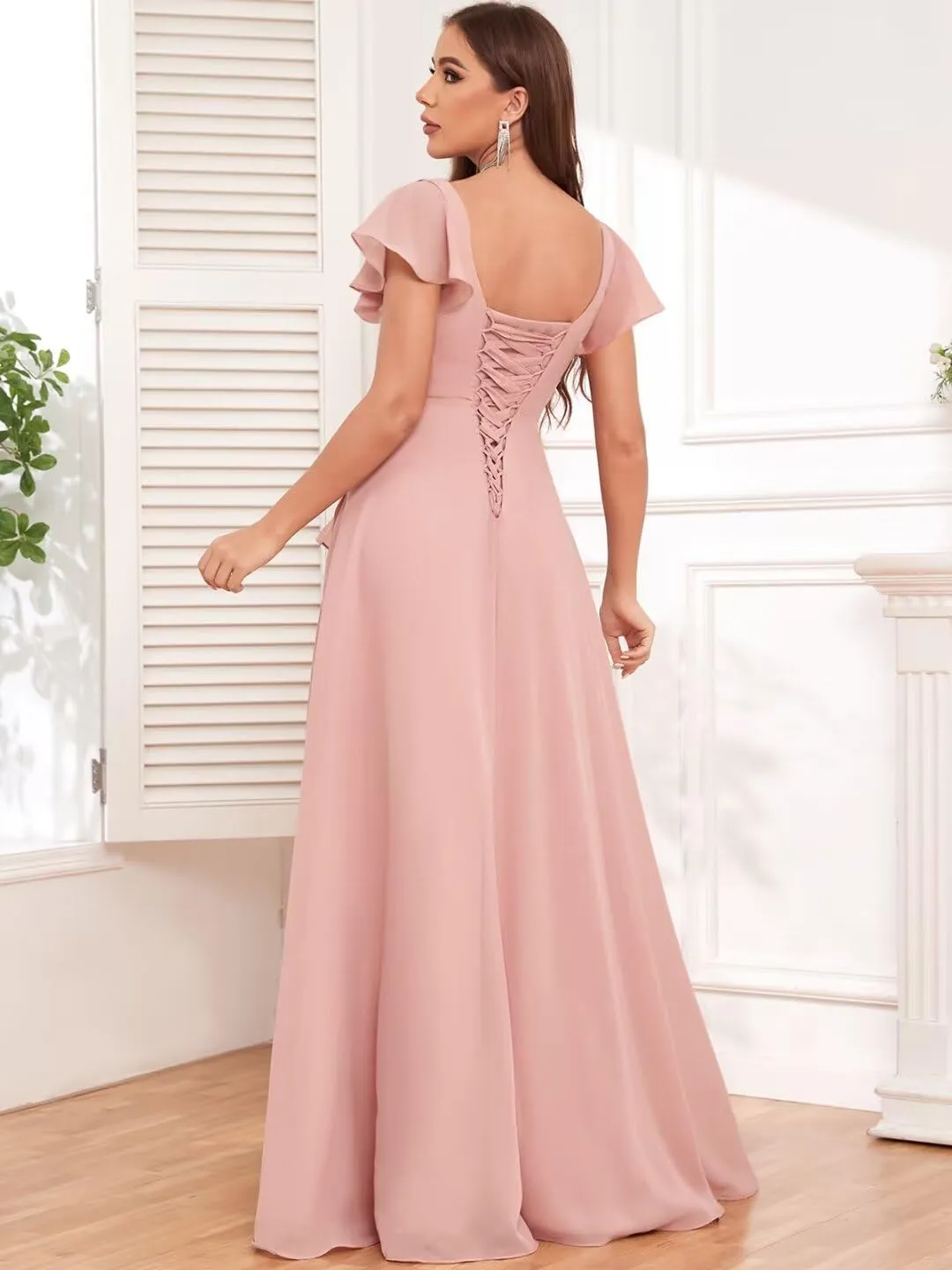 Square Neck Chiffon Bridesmaid Dress with Slit Ruffle Short Sleeve Long Formal Evening Gowns