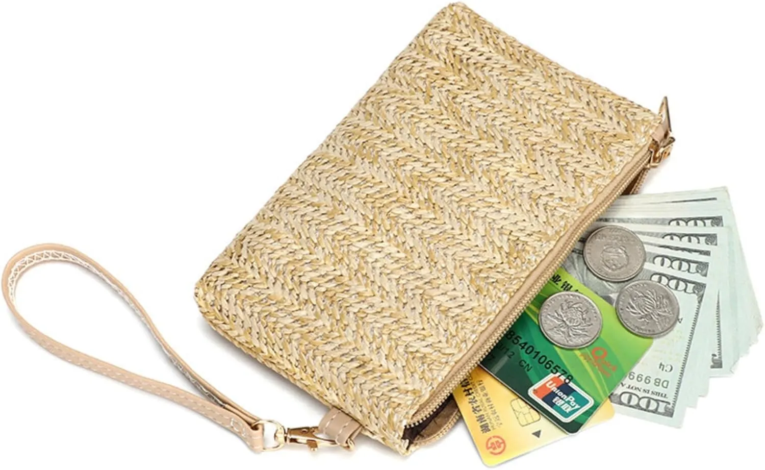Straw Clutch Bag, 4.5 x 7.1 inch Handbag Clutch Purses for Women Summer Rattan Bags Zipper Wristlet Wallets