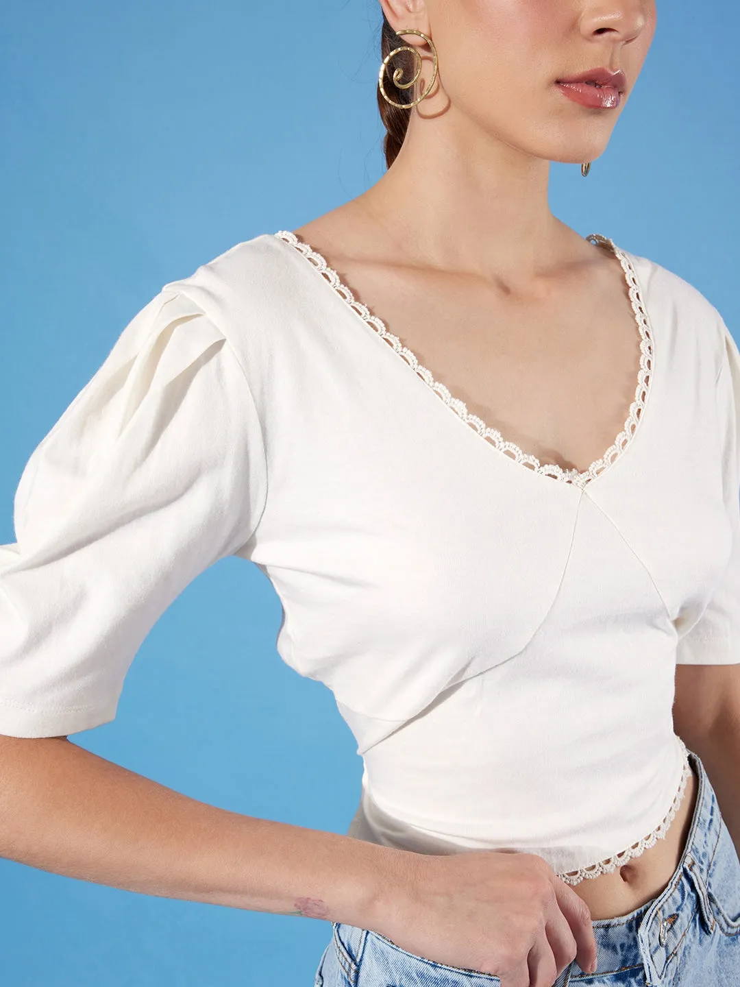 Style Quotient women White Solid Cotton Styled Back Crop Top