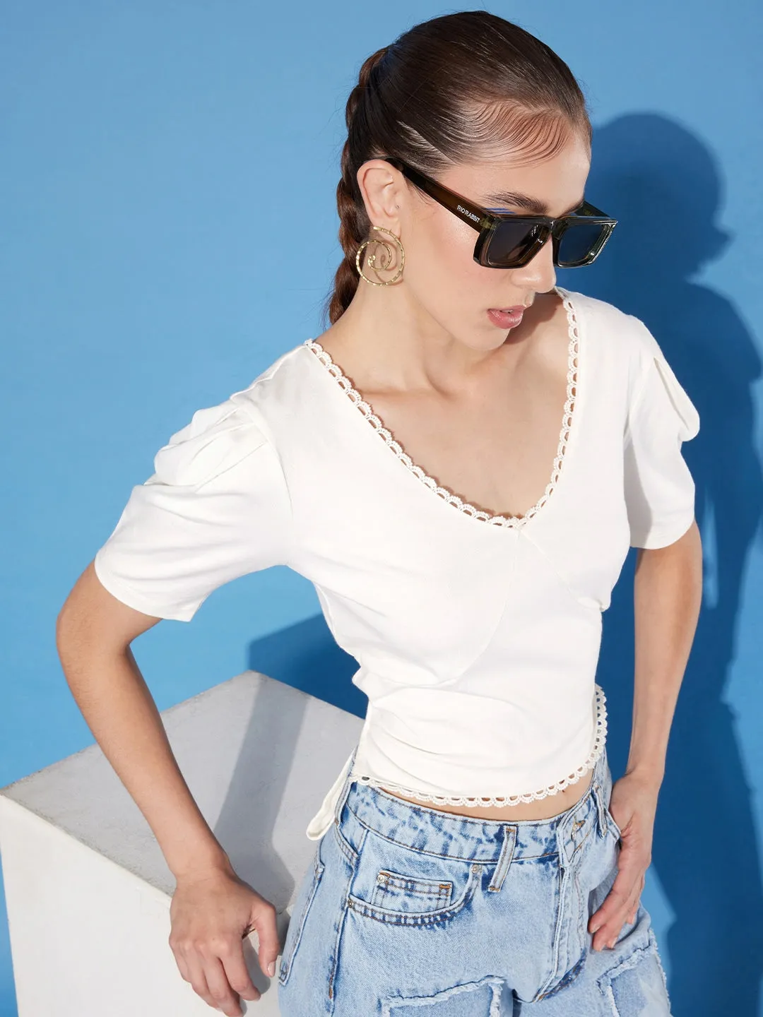 Style Quotient women White Solid Cotton Styled Back Crop Top