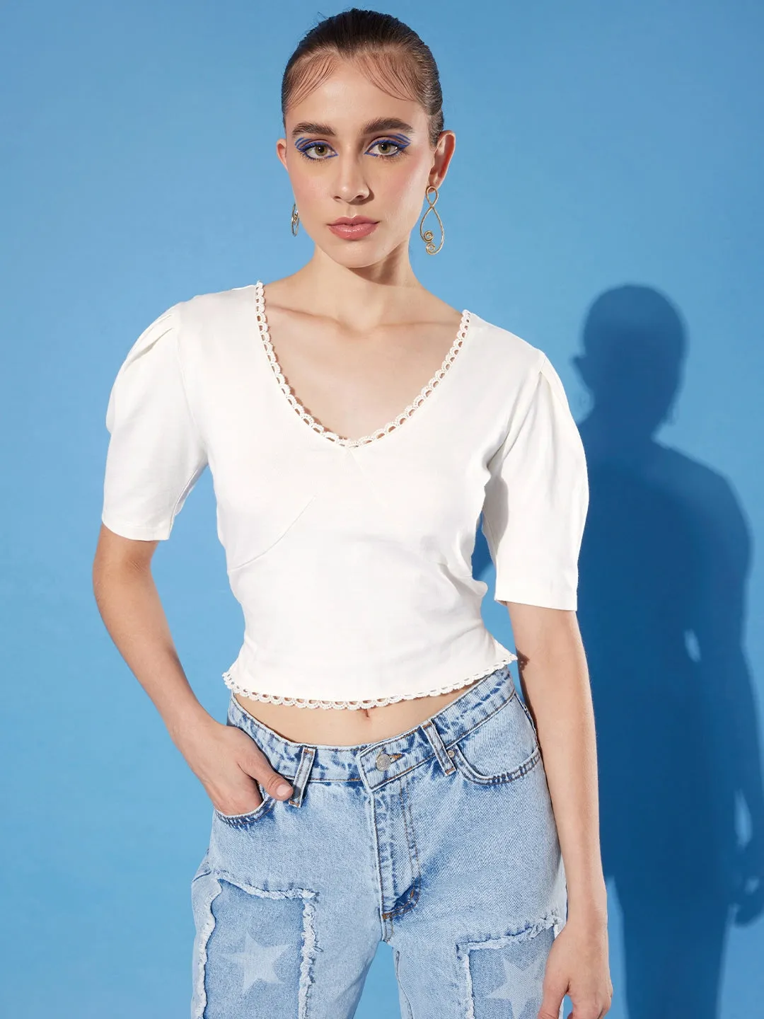 Style Quotient women White Solid Cotton Styled Back Crop Top