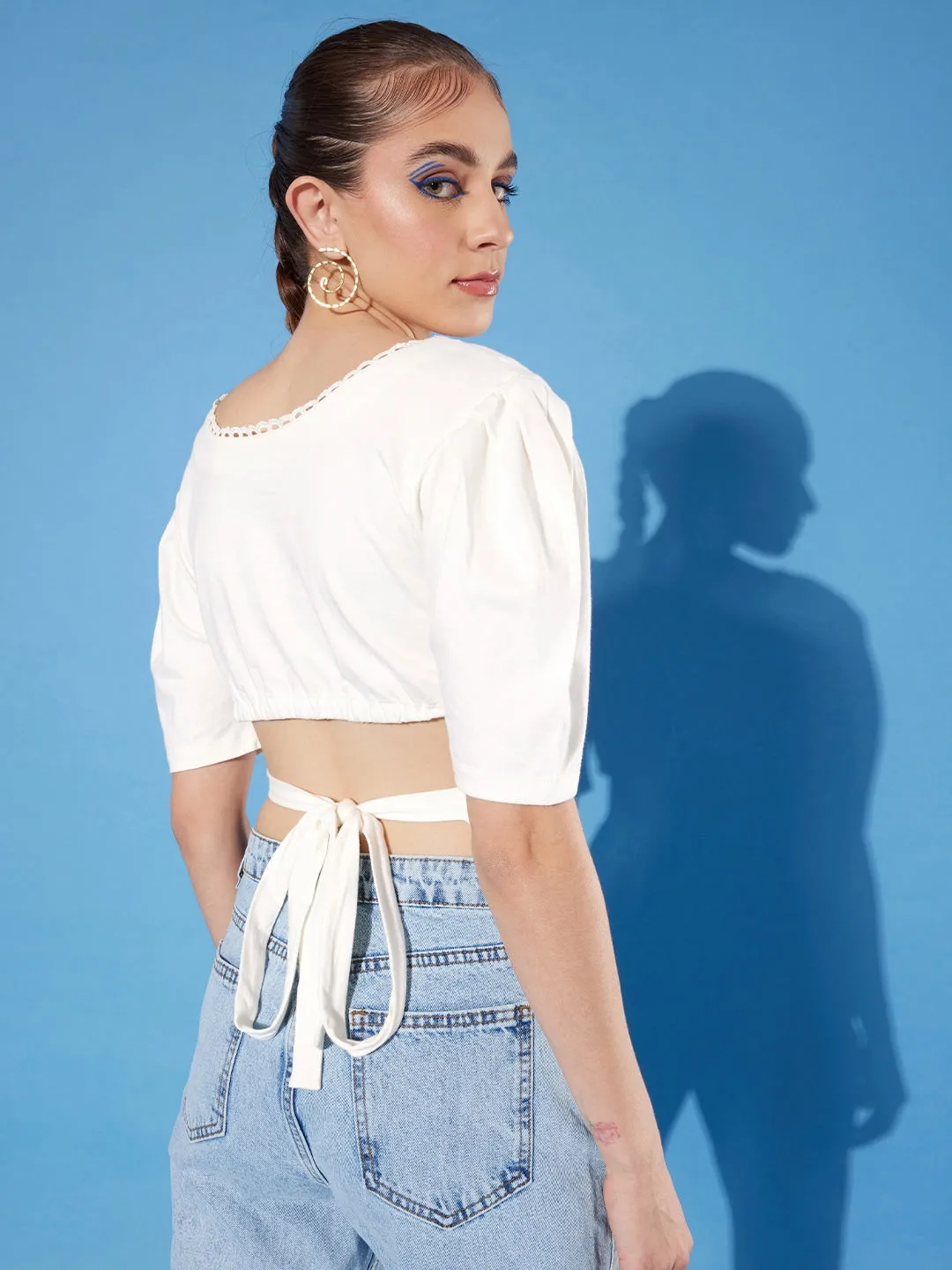 Style Quotient women White Solid Cotton Styled Back Crop Top