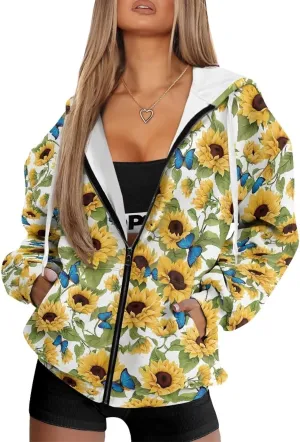 Suobstales Women's Drawstring Zip Up Hoodies Fall Jacket Oversized Casual Long Sleeve Sweatshirts with Pocket XS-XL
