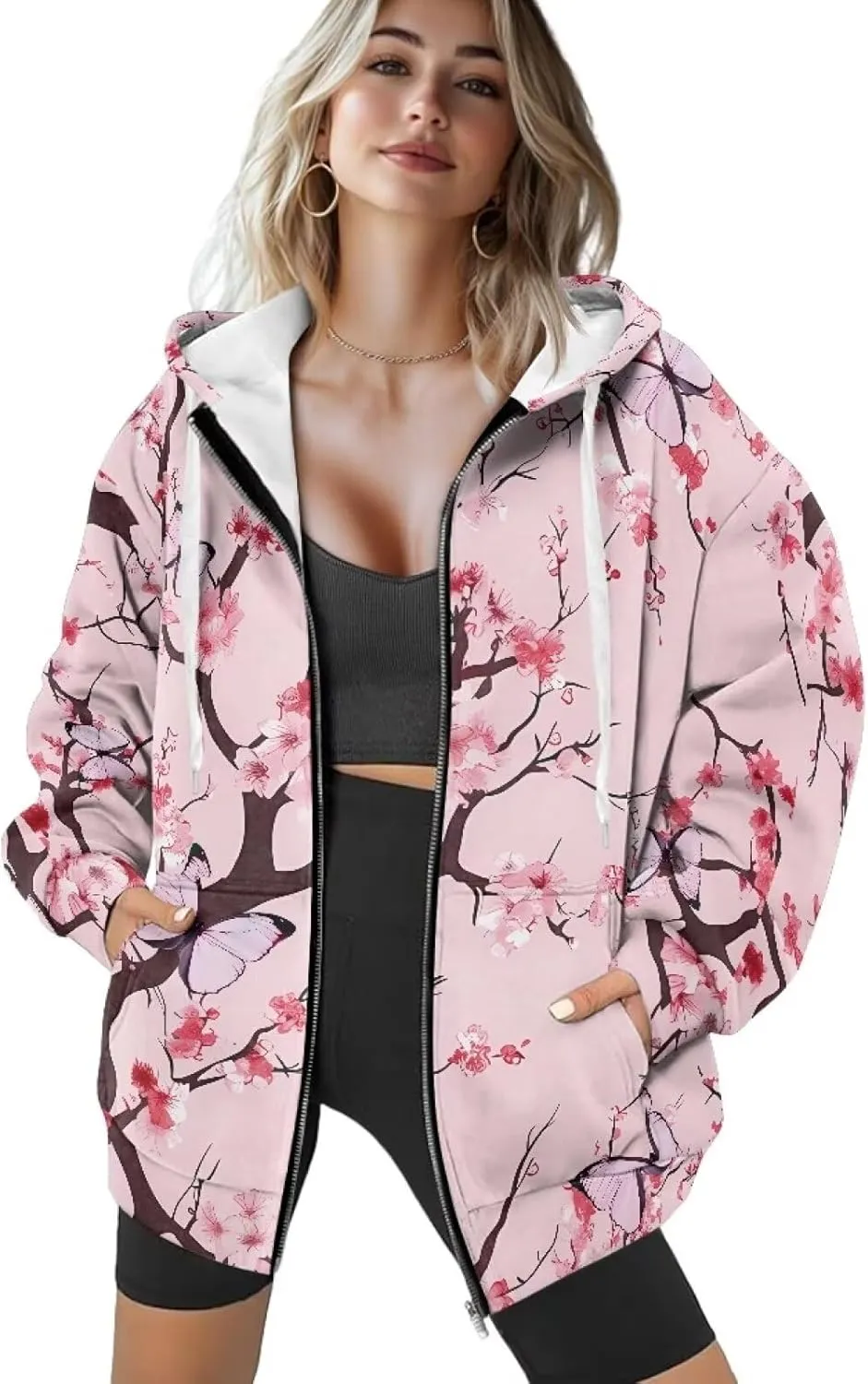 Suobstales Women's Drawstring Zip Up Hoodies Fall Jacket Oversized Casual Long Sleeve Sweatshirts with Pocket XS-XL