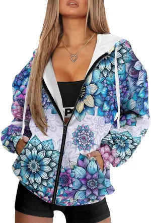 Suobstales Women's Drawstring Zip Up Hoodies Fall Jacket Oversized Casual Long Sleeve Sweatshirts with Pocket XS-XL