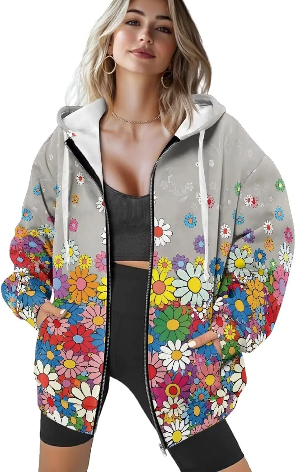 Suobstales Women's Oversized Zip Up Hoodie Long Sleeve Hooded Sweatshirt Fleece Jackets Casual Sweaters Outfits with Pockets