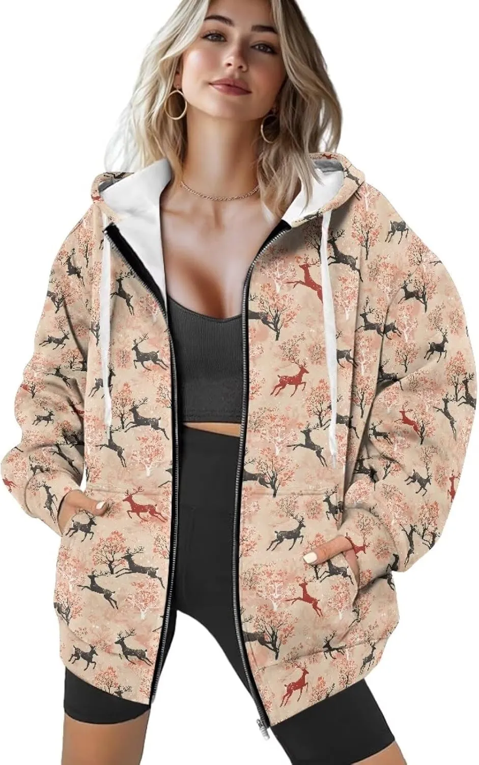 Suobstales Women's Oversized Zip Up Hoodie Long Sleeve Hooded Sweatshirt Fleece Jackets Casual Sweaters Outfits with Pockets