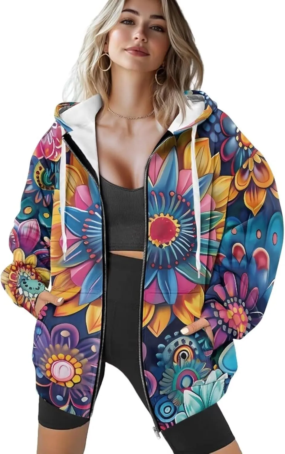 Suobstales Women's Oversized Zip Up Hoodie Long Sleeve Hooded Sweatshirt Fleece Jackets Casual Sweaters Outfits with Pockets
