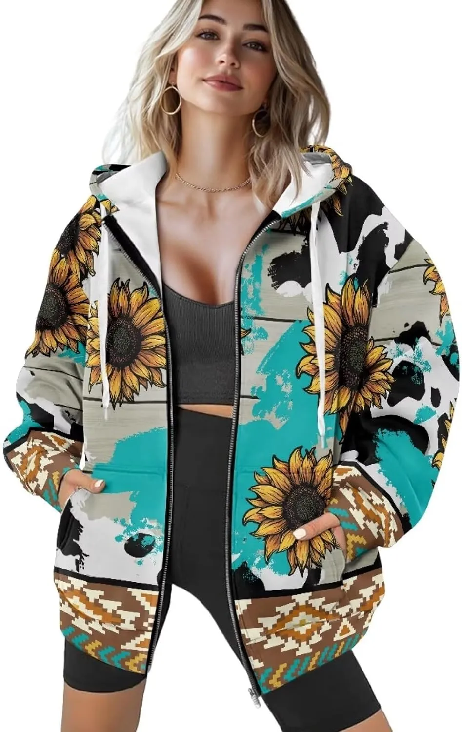 Suobstales Women's Oversized Zip Up Hoodies Long Sleeve Y2K Jacket Casual Winter Sweatshirts Trendy Drawstring Hooded Coat