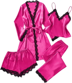 SweatyRocks Women's Silk Pajamas Set 4pcs with Robe Lace Trim Shorts Lounge Sets Pants Sleepwear