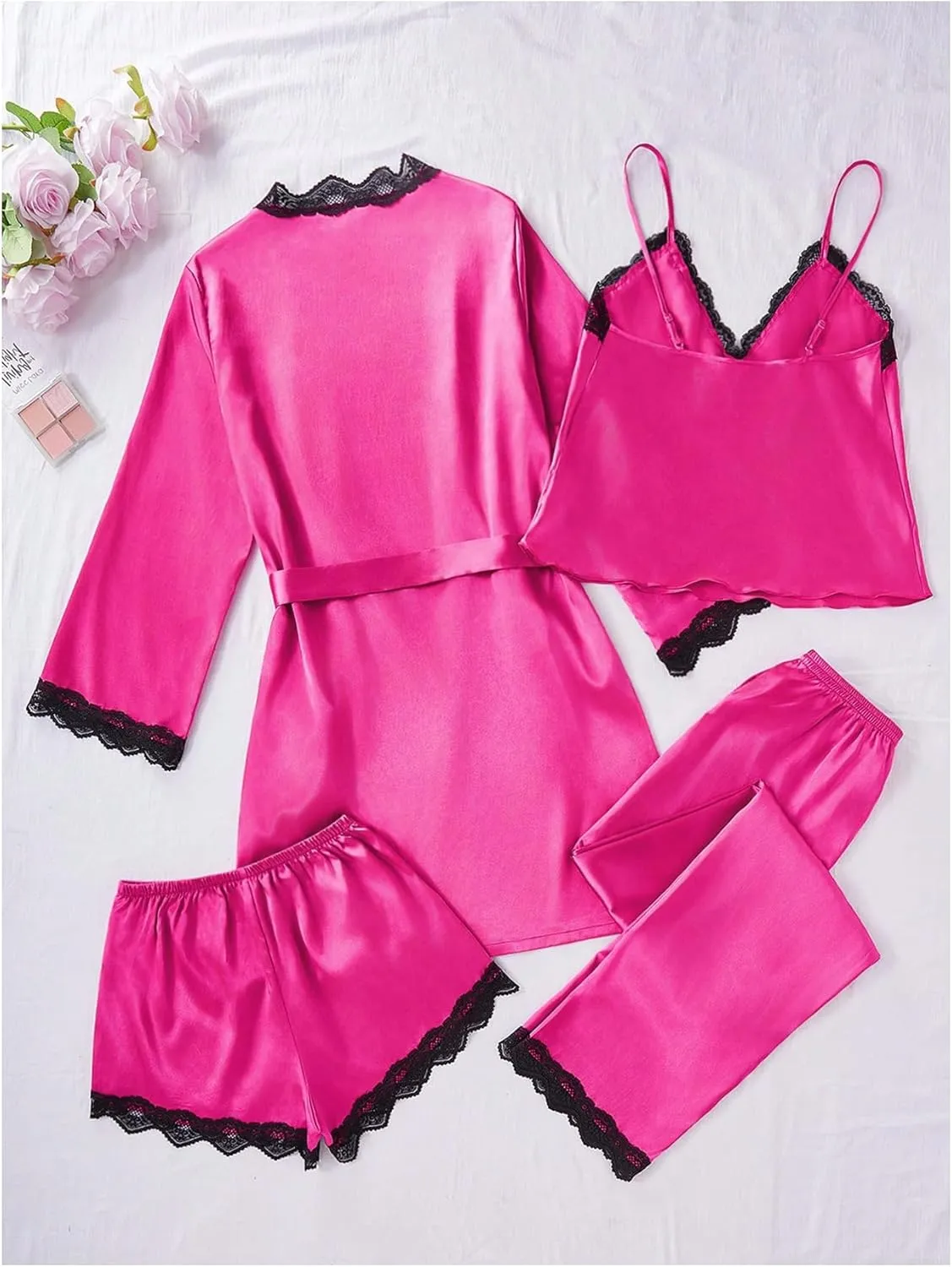 SweatyRocks Women's Silk Pajamas Set 4pcs with Robe Lace Trim Shorts Lounge Sets Pants Sleepwear