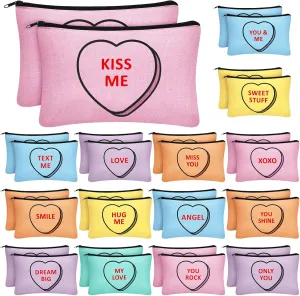 Sweetude 30 Pieces Valentine's Day Makeup Bags Bulk, Valentine's Day Heart Cosmetic Bag with Zipper, Valentine's Day Pouch Travel Purse Toiletry Organizer for Women, 15 Styles