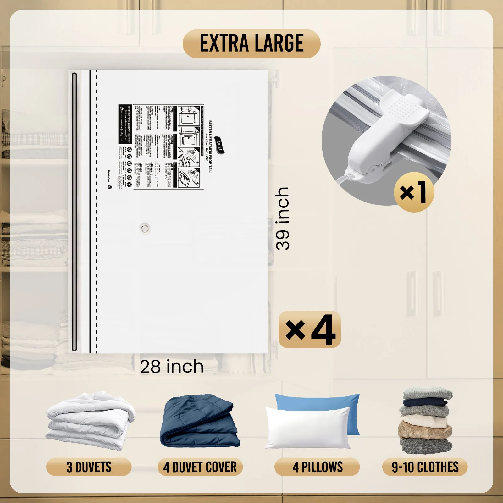 TAILI-LONG SIDE ZIP - Vacuum Storage Bags -Space Saver Vacuum Seal Bags for Under Bed Storage, Clothing and Comforter Storage, 3X More Storage Space - 2 Extra Large, 2 Large Vacuum Bags
