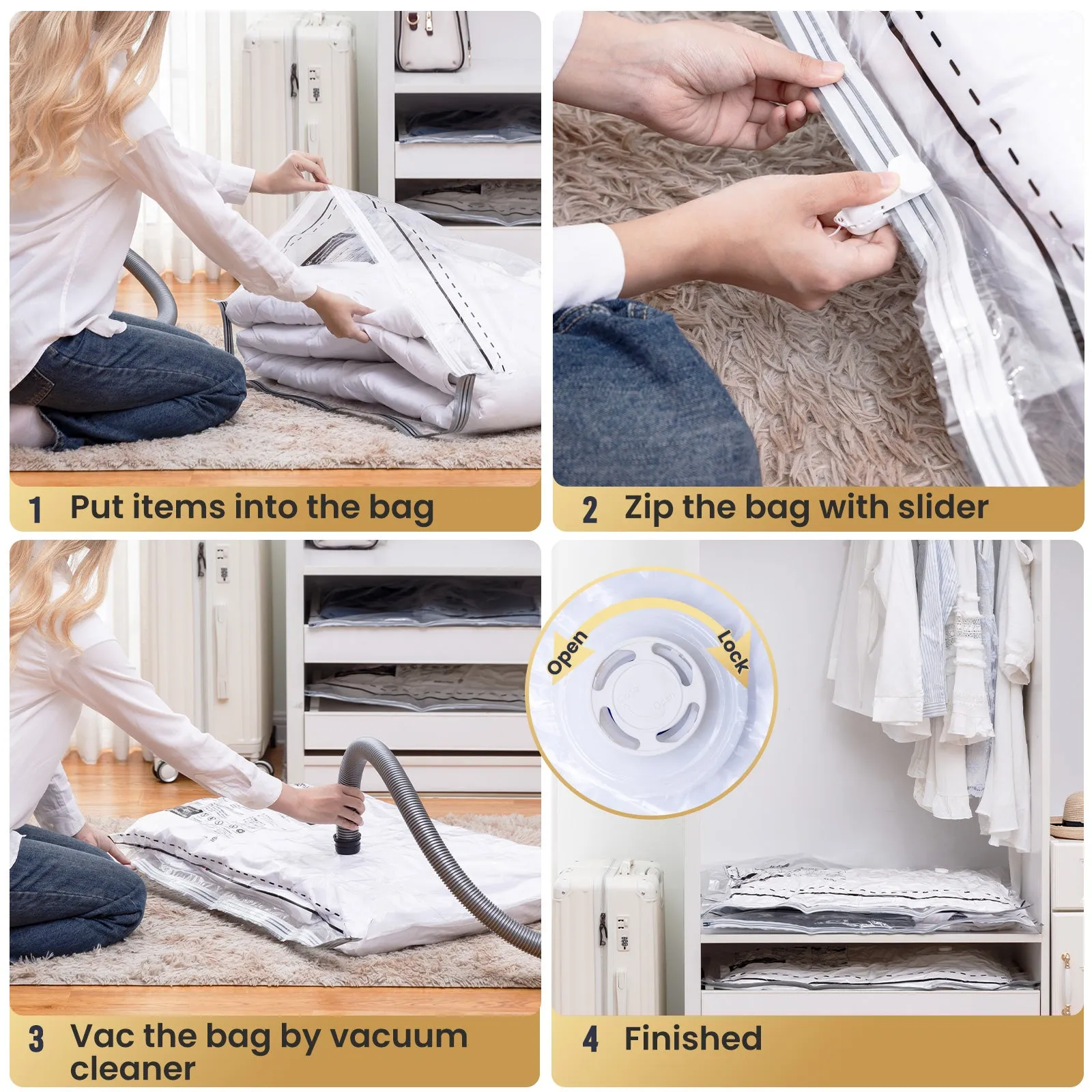 TAILI-LONG SIDE ZIP - Vacuum Storage Bags -Space Saver Vacuum Seal Bags for Under Bed Storage, Clothing and Comforter Storage, 3X More Storage Space - 2 Extra Large, 2 Large Vacuum Bags