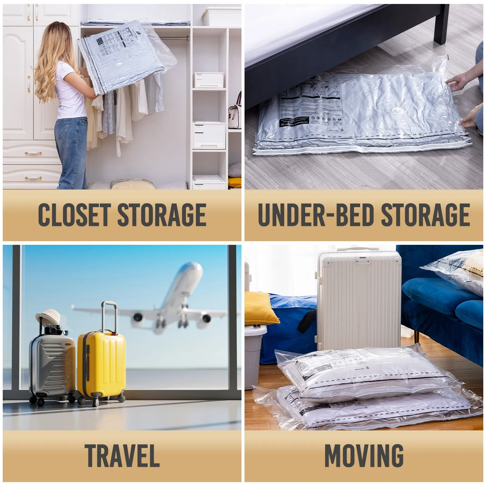 TAILI-LONG SIDE ZIP - Vacuum Storage Bags -Space Saver Vacuum Seal Bags for Under Bed Storage, Clothing and Comforter Storage, 3X More Storage Space - 2 Extra Large, 2 Large Vacuum Bags
