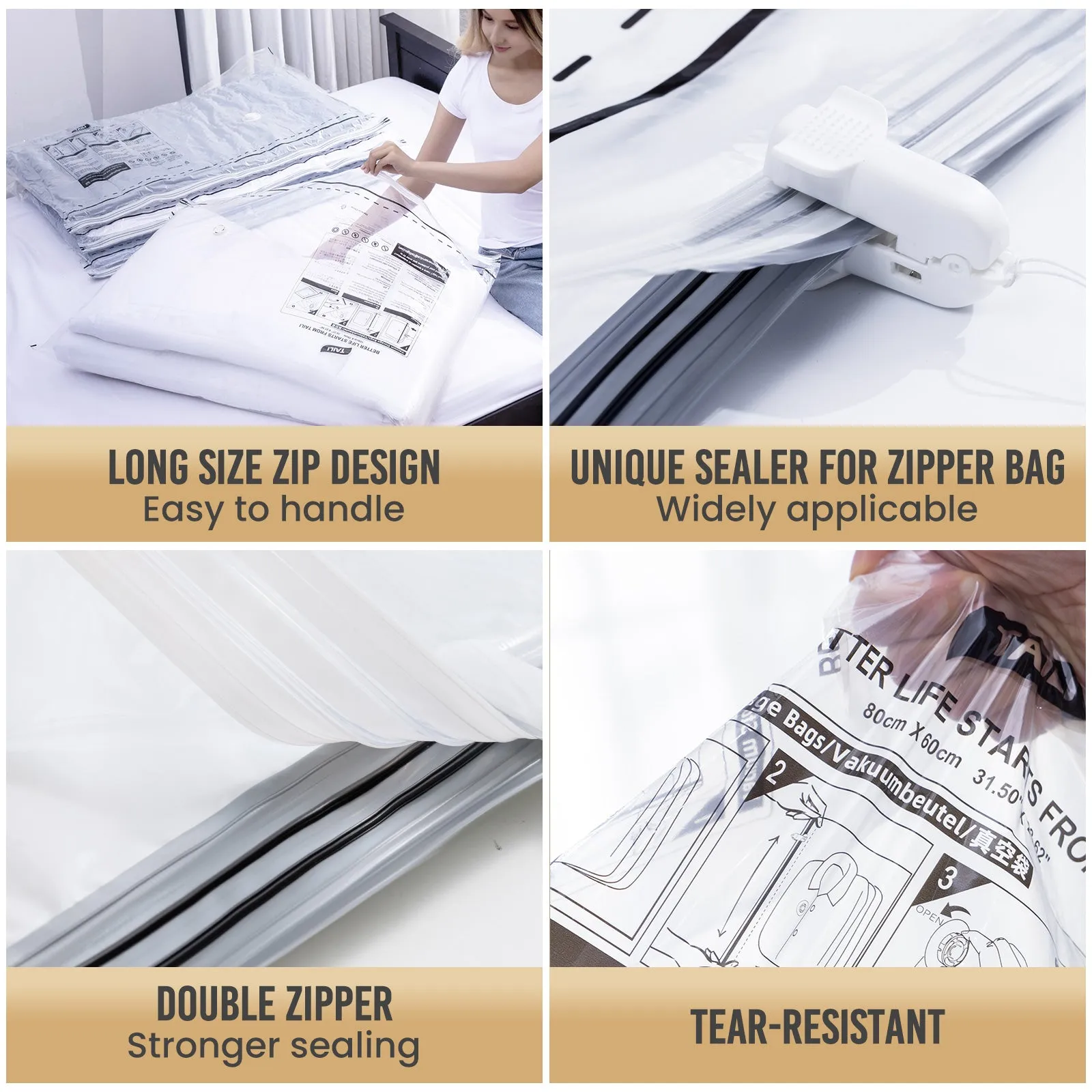 TAILI-LONG SIDE ZIP - Vacuum Storage Bags -Space Saver Vacuum Seal Bags for Under Bed Storage, Clothing and Comforter Storage, 3X More Storage Space - 2 Extra Large, 2 Large Vacuum Bags