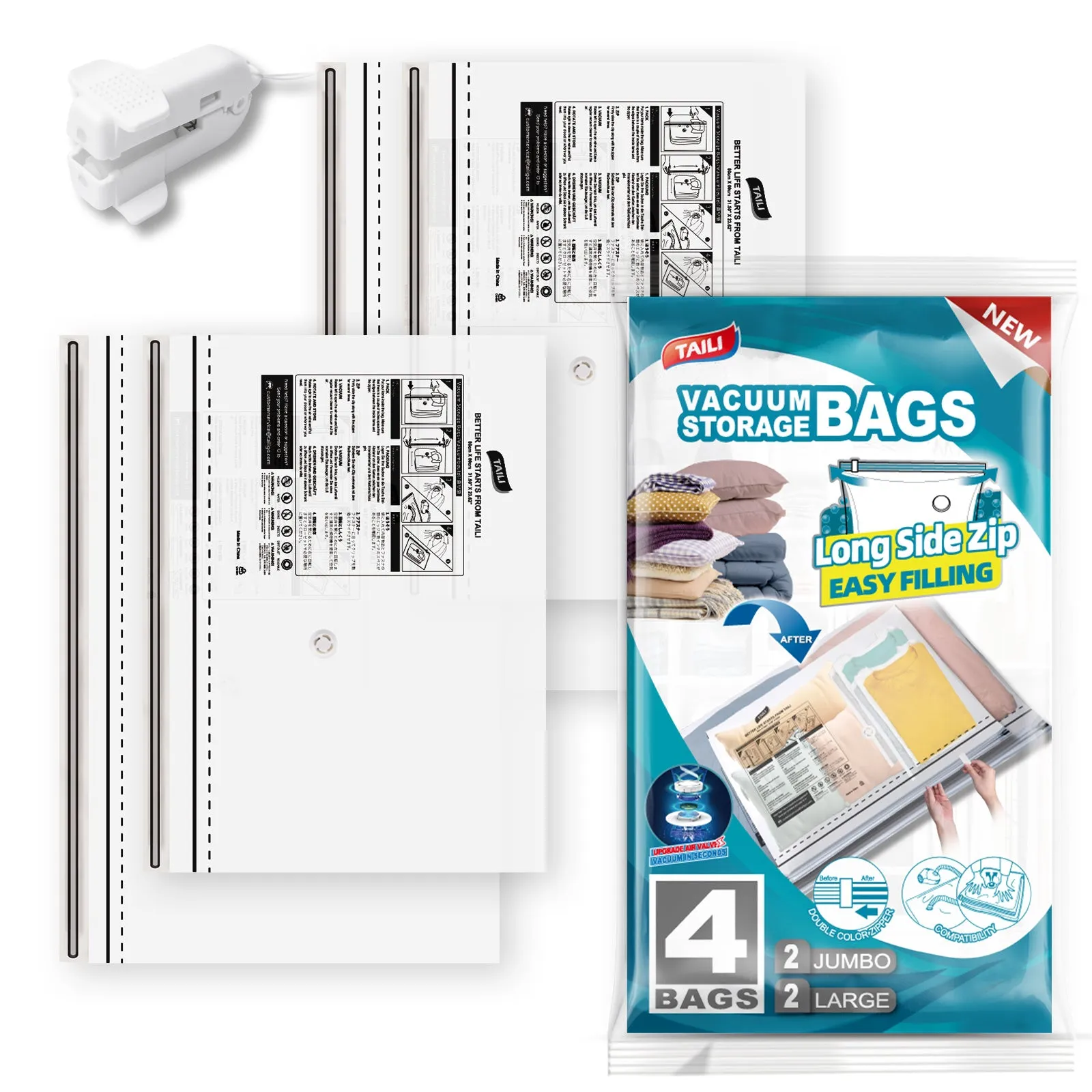 TAILI-LONG SIDE ZIP - Vacuum Storage Bags -Space Saver Vacuum Seal Bags for Under Bed Storage, Clothing and Comforter Storage, 3X More Storage Space - 2 Extra Large, 2 Large Vacuum Bags